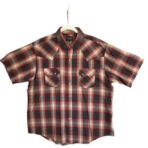 Plains‎ Western Wear Men's XL Red Plaid Pearl Snap Shirt Short Sleeve - VINTAGE